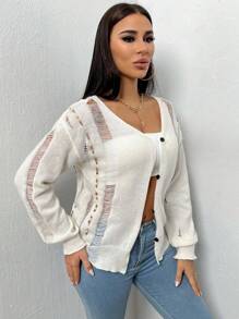 Zolique 女式落肩长袖镂空开衫 - 杏色 - 查看 6