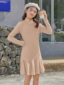 SHEIN 青少女質感肋紋高領裙連褶邊和按鈕裝飾 - 卡其色 - 查看 3