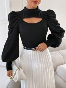 SHEIN Privé Women'S Hollow Out Front Puff Sleeve Exaggerated Sleeve Long Sleeve Bodysuit - Black - View 3