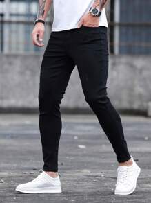 Manfinity Homme Jeans de algodón para hombre con efecto de arañazos de gato, corte skinny, look liso, ajuste delgado, jeans largos de color negro lavado, jeans cargo lisos, para regalos a esposo o novio - Negro - Ver 4