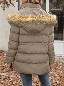 SHEIN LUNE Drawstring Patchwork Hooded Padded Padded Coat Clothes Winter With Frayed Hem - Coffee Brown - View 6