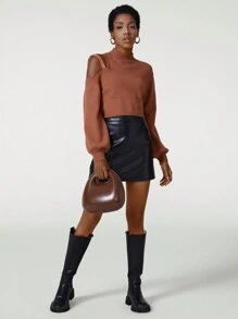 NILLARY Designer Women Solid Color Hollow Out Shoulder & Stand Collar Cropped Sweater, For Holiday, Vacation, Festival, Ibiza Fits - Rust Brown - View 7