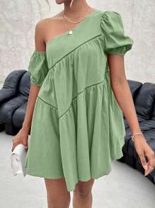 Firerie 纯色短袖不对称领口连衣裙 - 薄荷藍 - 查看 1