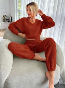 SHEIN Cottnline Solid Drop Shoulder Teddy Pullover & Pants - Burgundy - View 4