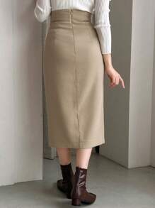 FRIFUL 女款純色羈扣細節前開衩半身裙 - 卡其色 - 查看 2