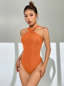 SHEIN EZwear 十字綁帶連身衣 - 橘色 - 查看 3