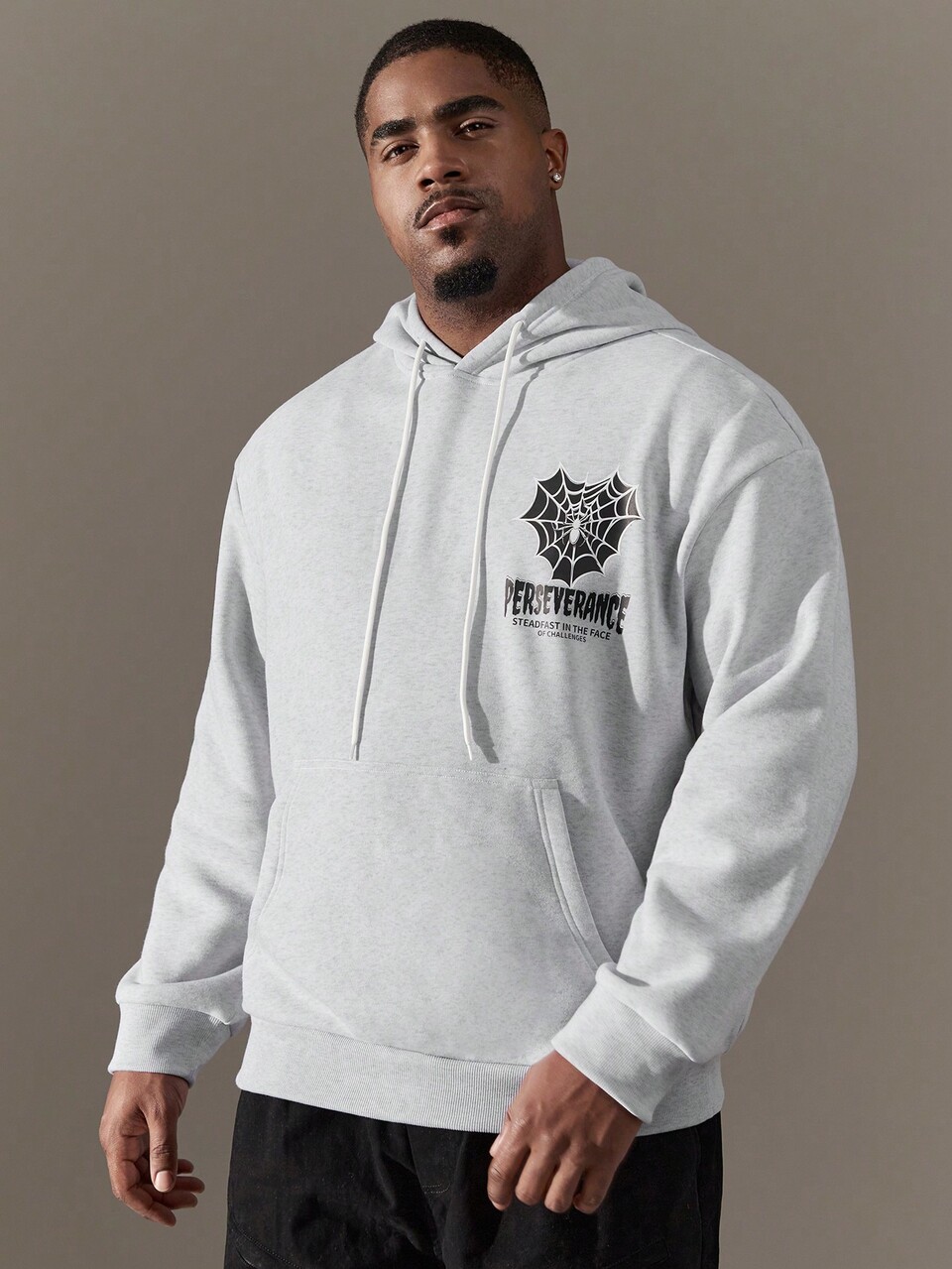 Men's Plus Size Letter & Spider Web Print Drawstring Hoodie