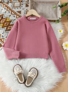 SHEIN Suéter De Cuello Redondo Casual De Color Sólido Para Niñas, Adecuado Para Varias Ocasiones - Rosa - Ver 1