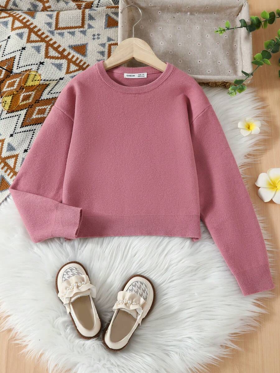 SHEIN Suéter De Cuello Redondo Casual De Color Sólido Para Niñas, Adecuado Para Varias Ocasiones - Rosa - Ver 1