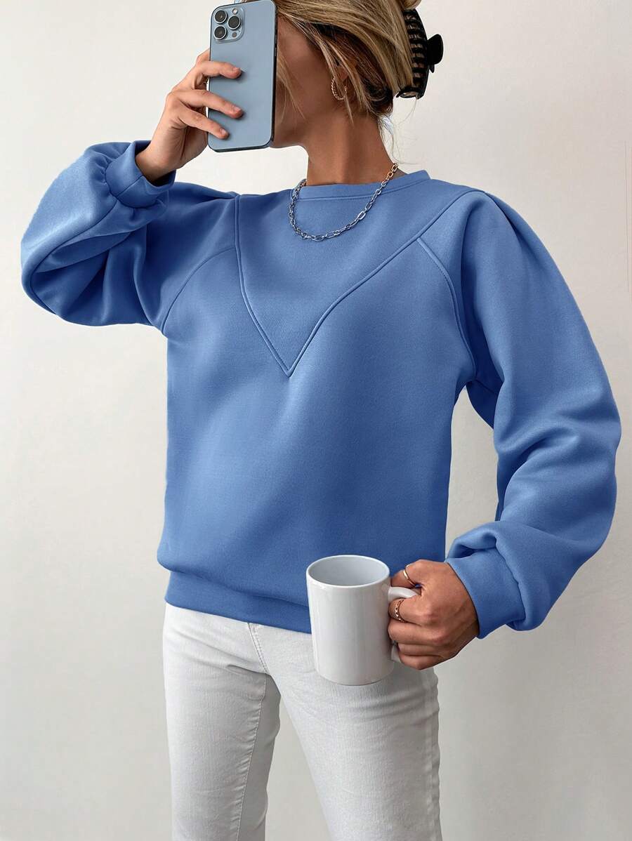 RueChic 女款簡約純藍色圓領運動衫