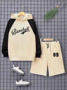 SHEIN Teen Boys' Casual Comfortable English Printed Contrast Hoodie And Shorts Set