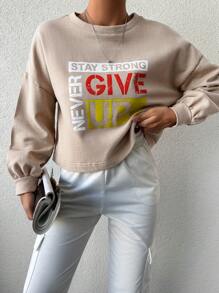 EURMUSE Women's Casual Slogan Print Crew Neck Sweatshirt, Autumn/Winter - Beige - View 1