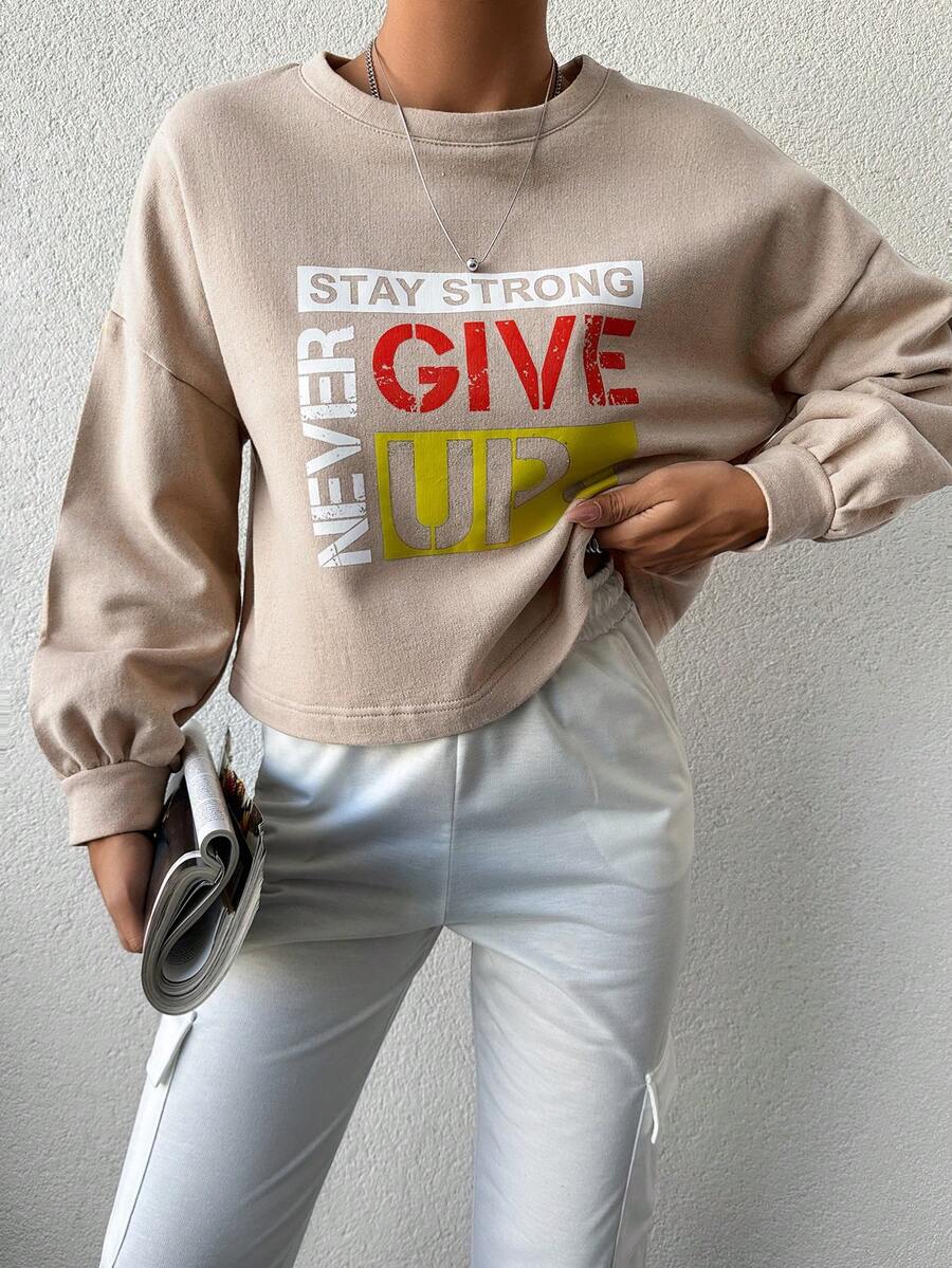 EURMUSE Women's Casual Slogan Print Crew Neck Sweatshirt, Autumn/Winter - Beige - View 1