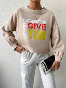 EURMUSE Women's Casual Slogan Print Crew Neck Sweatshirt, Autumn/Winter - Beige - View 3