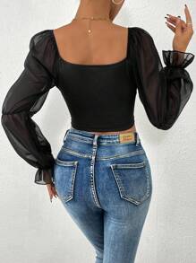 SHEIN Allurite 雪紡袖拼布褶皺短襯衫 - 黑色 - 查看 2