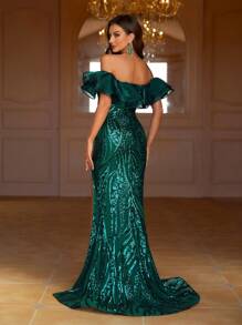 SHEIN Belle Abito Da Donna In Rete Con Spacco Alto E Spalle Scoperte Con Decorazioni Di Paillettes E Finiture Con Volant