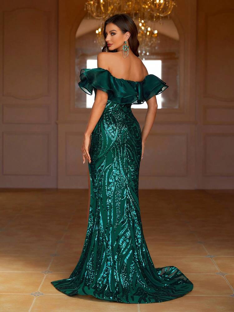 Women's Off Shoulder High Slit Mesh Dress With Sequin Embellishment And Ruffle Trim
