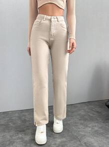 EURMUSE Women's Solid Color Split Hem Straight Leg Jeans - Beige - View 4