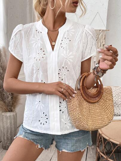 SHEIN Áo sơ mi tay bồng cổ chữ V xẻ tà dành cho nữ, áo tay ngắn