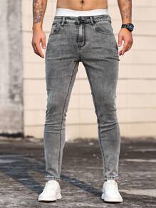 Manfinity Homme Men Cotton Solid Slant Pocket Skinny Jeans - Grey - View 5