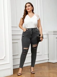 Plus Size Distressed Skinny Jeans - Grey - View 4