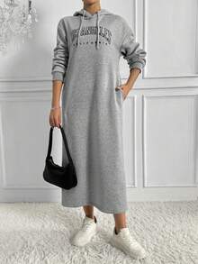 SHEIN LUNE 保暖襯裡字母印花落肩連帽連身裙 - 灰色 - 查看 5