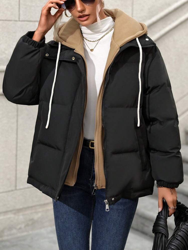 Color Blocking Drawstring Hooded Padded Padded Coat Clothes Winter Fall Cloth For Women