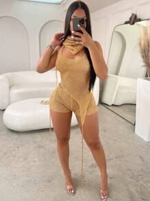 Cutout Front Hooded Sleeveless Knit Top And Knit Shorts Set - Gold - View 2