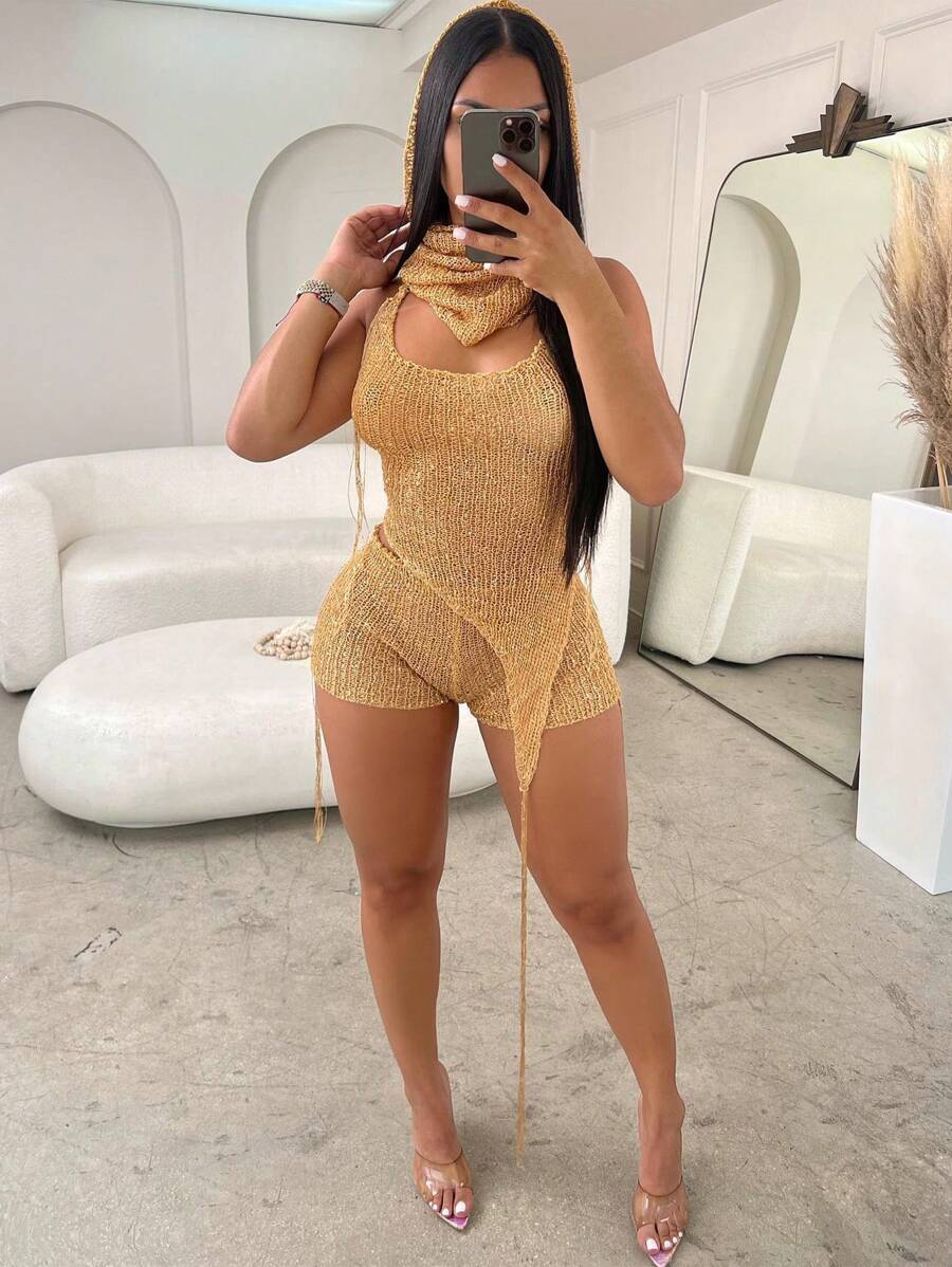 Cutout Front Hooded Sleeveless Knit Top And Knit Shorts Set - Gold - View 1