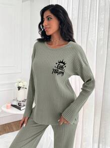 RueChic Letter Printed Drop Shoulder Ribbed Knit Home Suit - Mint Green - View 5