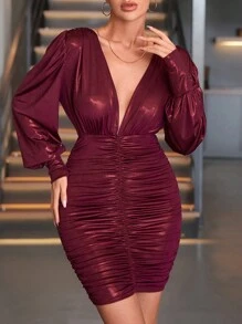 SHEIN Cottnline Pleated Bodycon Latern Sleeves And Deep V-Neck Dress - Redwood - View 1