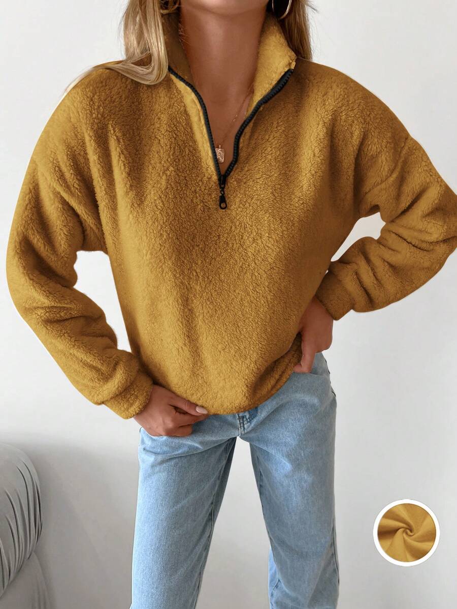 SHEIN Cottnline 女式超大尺碼毛茸茸半拉鍊連帽衛衣,放肩設計 - 杏色 - 查看 1