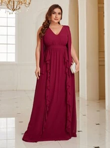 SHEIN Belle 大尺碼荷葉邊v領伴娘禮服 - 酒紅色 - 查看 3