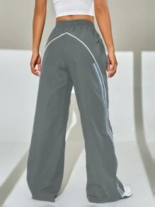 SHEIN EZwear 撞色條紋捲邊長褲 - 灰色 - 查看 2