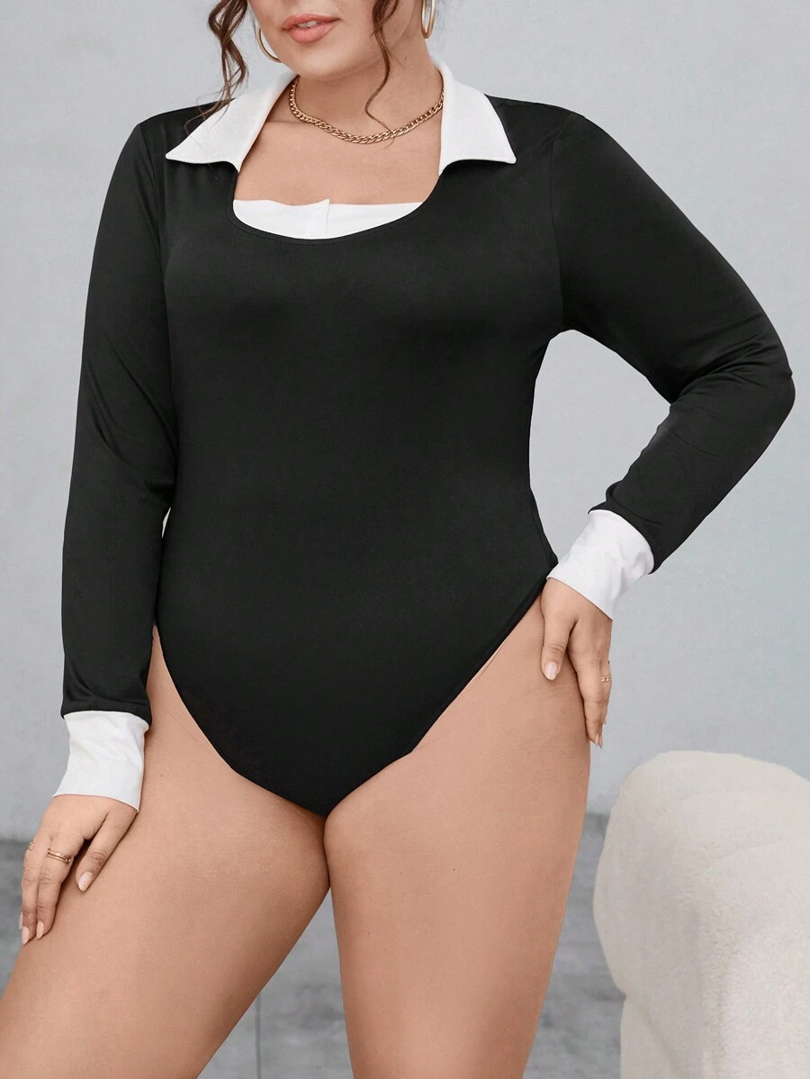 SHEIN Essnce 女裝加大尺碼彩色條紋連體衣 - 黑與白 - 查看 1