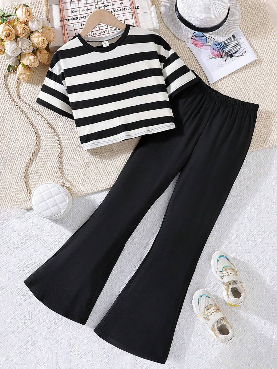 Sparklyn Teen Girl 2pcs/Set Striped Short Sleeve Top And Flared Pants - Black and White - View 1