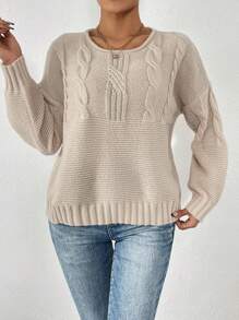 SHEIN Frenchy 圓領針織毛衣,採用下垂肩設計 - 卡其色 - 查看 3