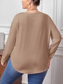 SHEIN LUNE Women's Plus Size Round Neck Long Sleeve Casual Striped T-Shirt, Fall Women Clothes - Apricot - View 2