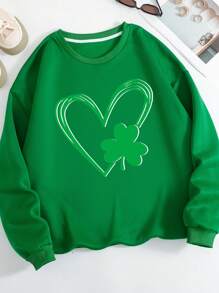 SHEIN EZwear Kích thước lớn Của phụ nữ Lông cừu In Trái tim Áo nỉ - màu xanh lá - Xem 4