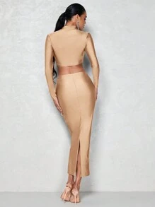 SHEIN BAE Stand Collar Long Sleeve Cropped Top And Skirt 2pcs/Set - Apricot - View 2