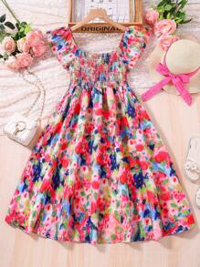 SHEIN Vestido De Niña Preadolescente Con Dobladillo Con Volantes Y Borde Fruncido Con Estampado Floral - Multicolor - Ver 1