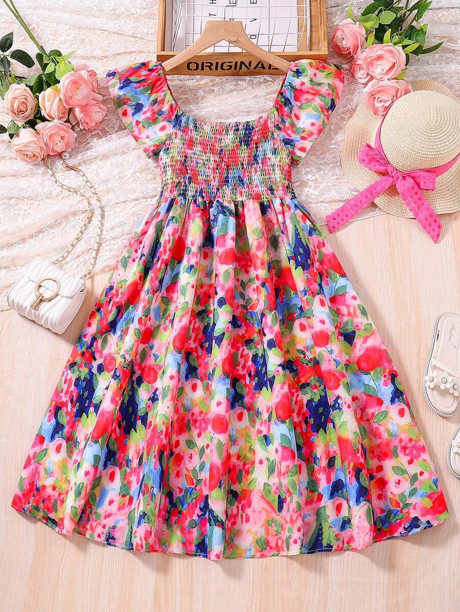 SHEIN Vestido De Niña Preadolescente Con Dobladillo Con Volantes Y Borde Fruncido Con Estampado Floral - Multicolor - Ver 1