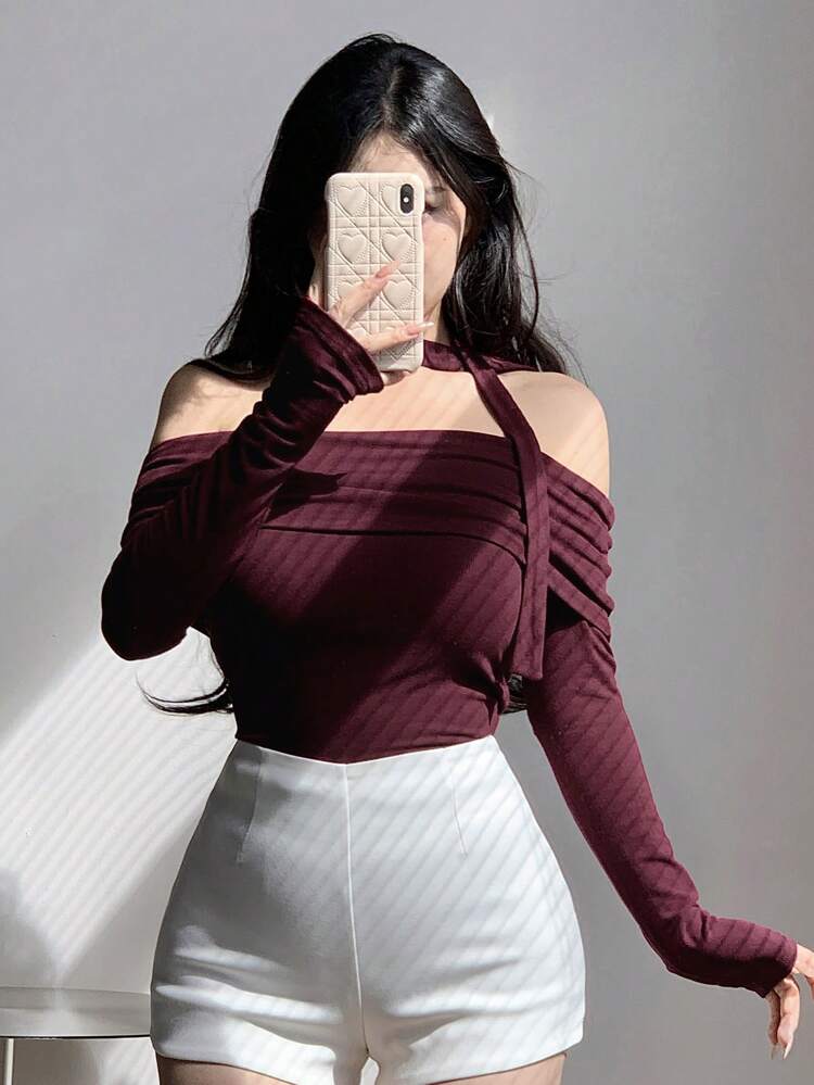 Solid Off Shoulder Crop Tee,Fall Clothes Long Sleeve Women Tops Going Out Tops Women