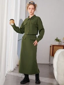 Cô gái Giải trí Trang phục trên phố Phong cách Cargo Áo sơ mi & Bộ váy - xanh quân đội - Xem 4