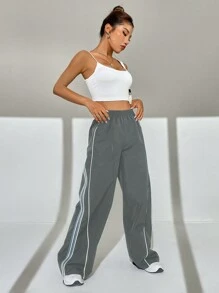 SHEIN EZwear 撞色條紋捲邊長褲 - 灰色 - 查看 4