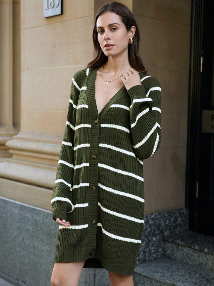 Striped Pattern Button Front Cardigan Winter Green Casual Christmas