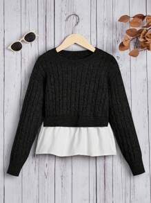 Tween 女童撞色下摆长袖圆领毛衣 - 黑色 - 查看 1