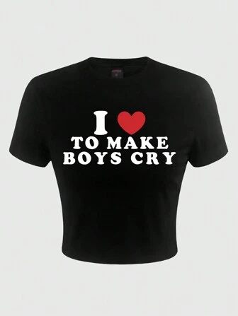 Grunge Punk Millennial Vintage Vibe Valentine's Day Printed Stretchy Cropped T-Shirt For Women, With I Love TO MAKE BOYS CRY Print, For School