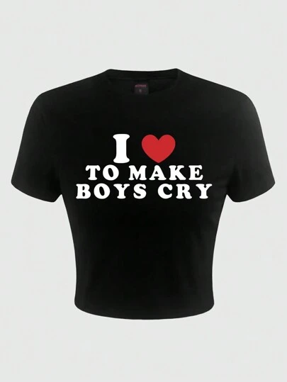 Grunge Punk Kpop Millennial Vintage Vibe Valentine's Day Printed Stretchy Cropped T-Shirt For Women, With I Love TO MAKE BOYS CRY Print, For School