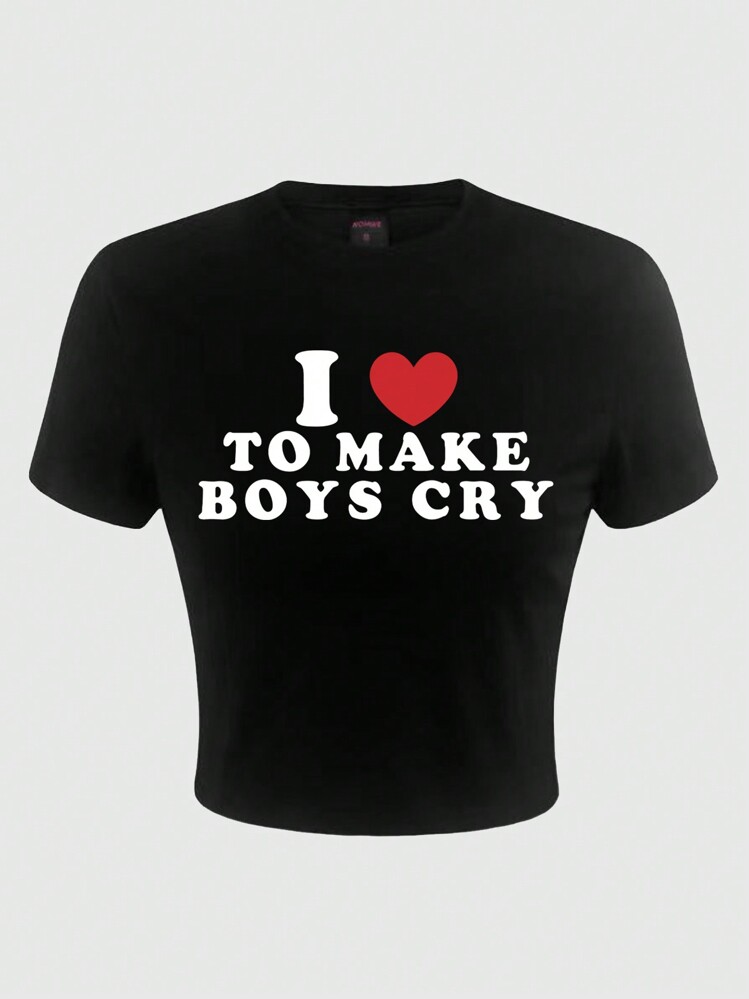 ROMWE Grunge Punk Camiseta corta elástica con estampado de San Valentín de vibra vintage milenial para mujer, con el estampado "Me encanta HACER LLORAR A LOS CHICOS", para la escuela